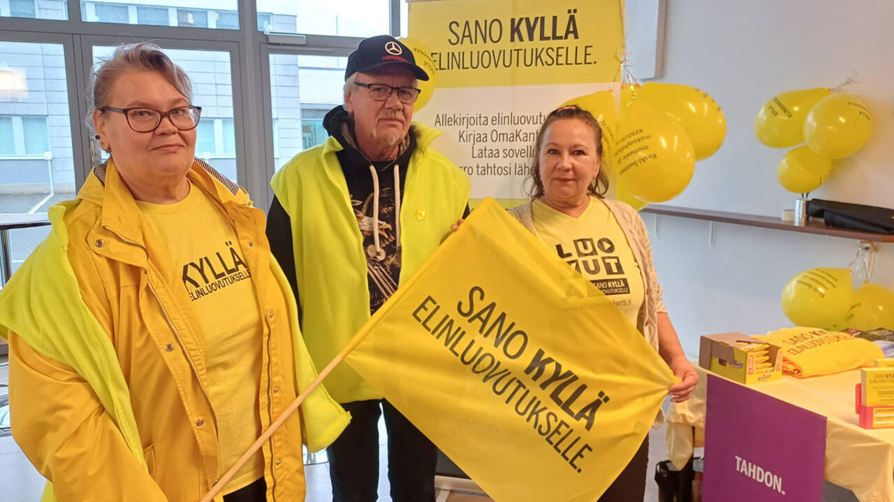Vapaaehtoisia keltaisissa paidoissa JYP-Kärpät jääkiekko-ottelussa jäähallissa